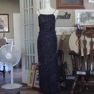 Vintage Navy Blue Silk Beaded Gown Size Medium 8